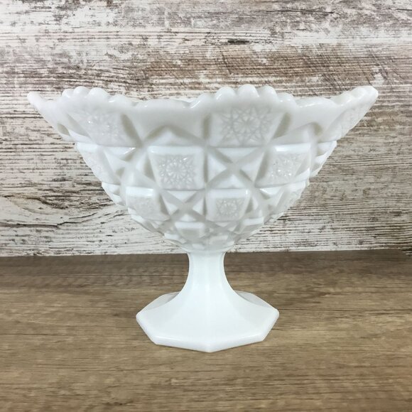 Westmoreland Old Quilt Pattern Milk Glass Pedestal Compote 5.75" Tall X 8" Top D - Picture 4 of 10